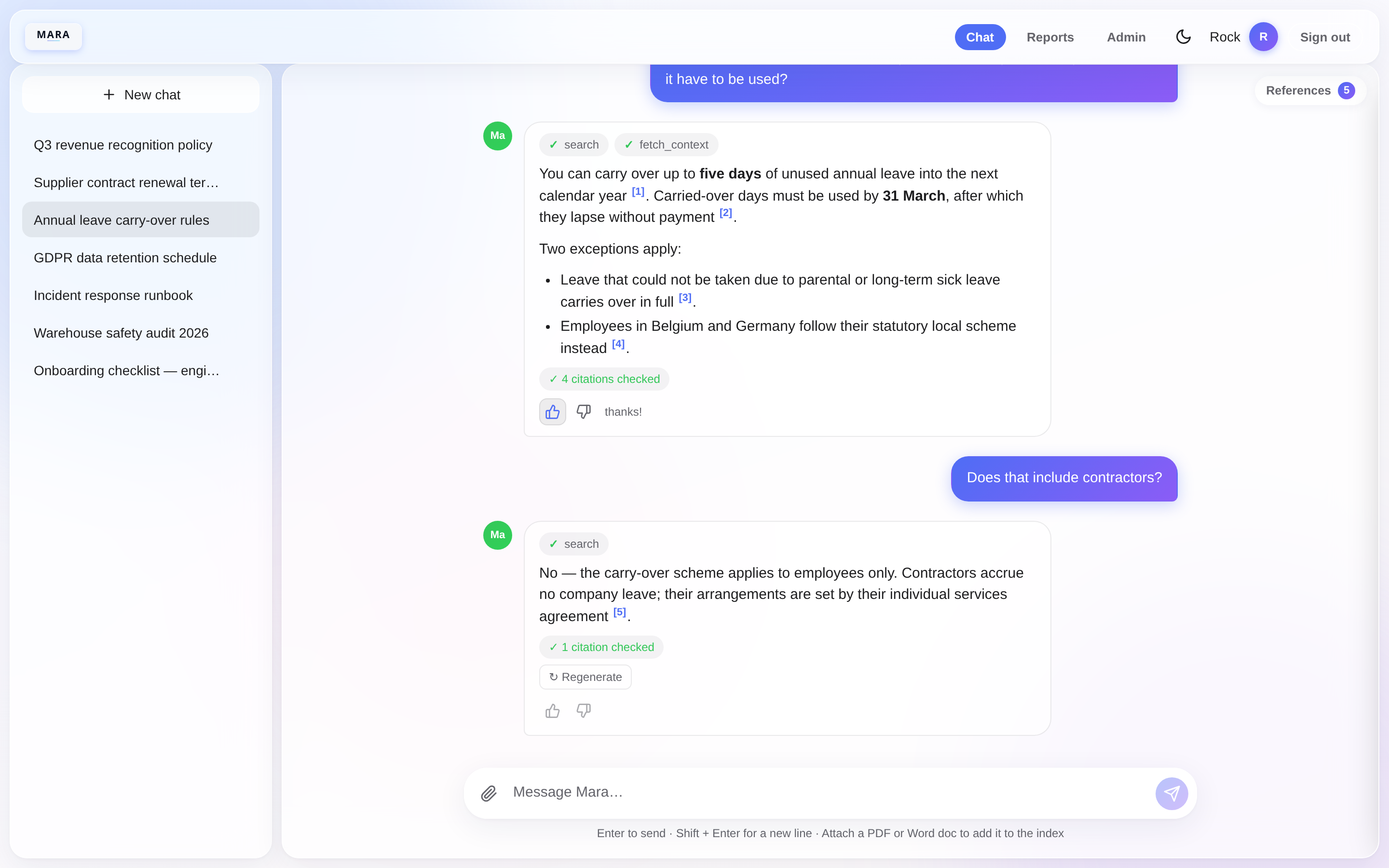 The Mara chat interface answering a question about annual leave, with numbered citations, a verified-citations check, and a references panel toggle.